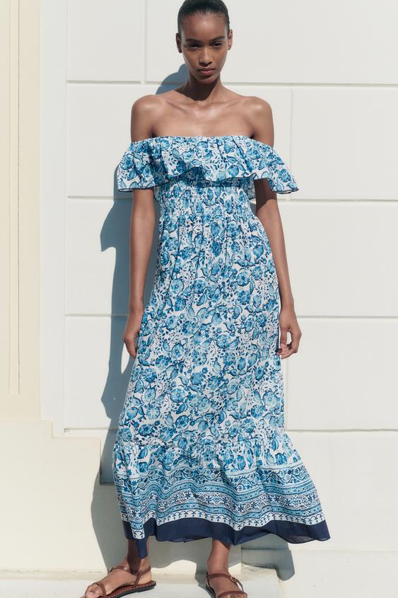 zara blue floral maxi dress Floral Dress Long Poplin Dress Zara Poplin Dress Zara Maxi Dress Blue MIDI  POPLIN DRESS WITH